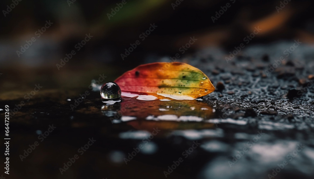 Vibrant autumn leaves reflect on wet stone, nature colorful beauty generated by AI