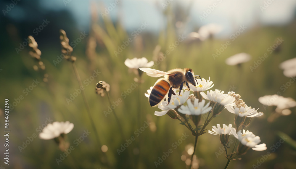 A bee pollinates a yellow flower in the summer meadow generated by AI