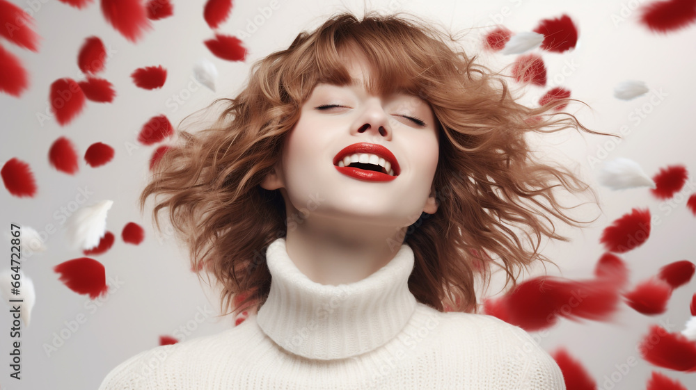 Beautiful woman with red and white feathers