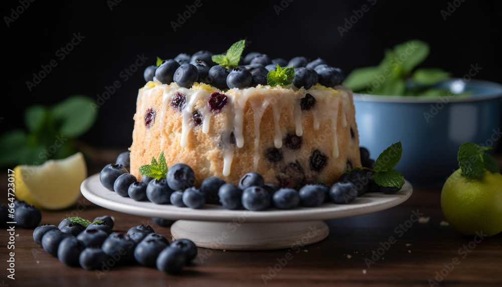 Fresh berry dessert on wooden table with mint leaf decoration generated by AI