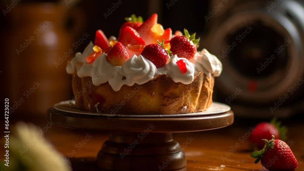 Freshly baked homemade strawberry cupcake with whipped cream and chocolate generated by AI