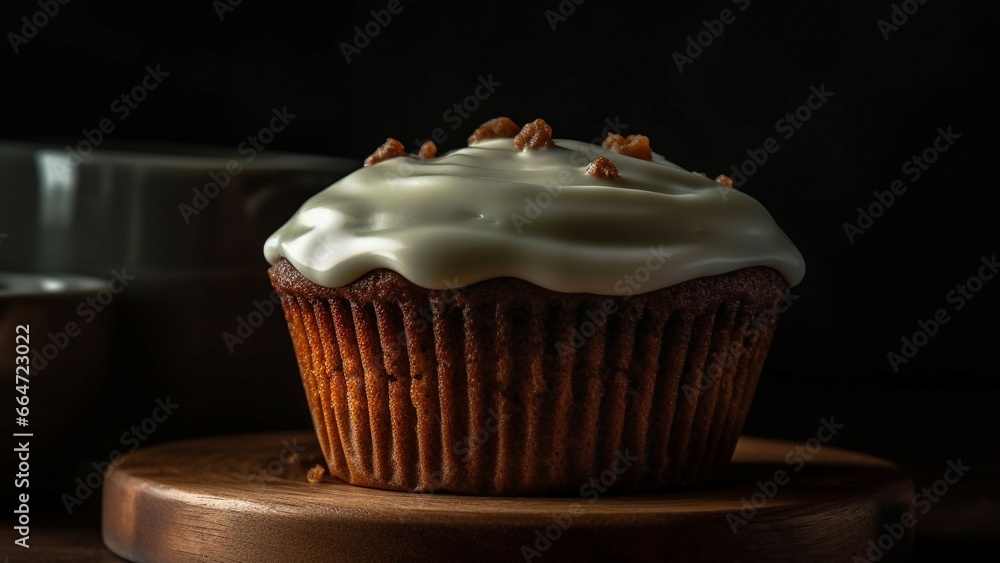 Indulgent homemade chocolate muffin with creamy icing on rustic wood generated by AI