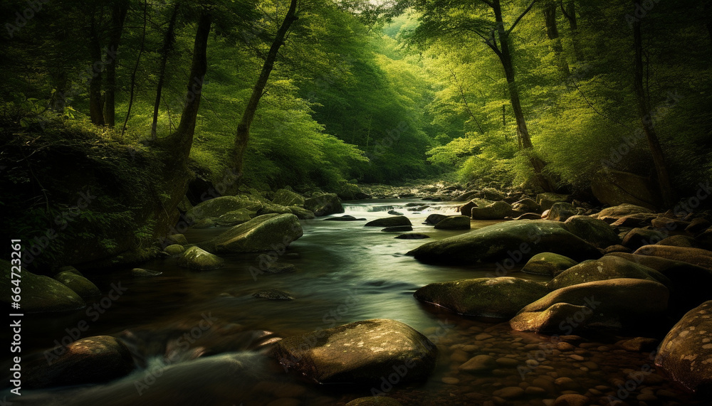 Tranquil scene  flowing water, green trees, and a rocky landscape generated by AI