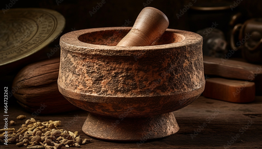 Rustic wooden bowl holds ancient copper mortar, grinding organic spices generated by AI