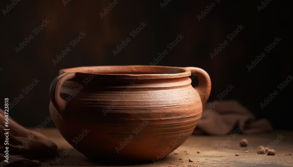 Pottery clay, old fashioned jug on rustic table, earthenware bowl, antique vase generated by AI