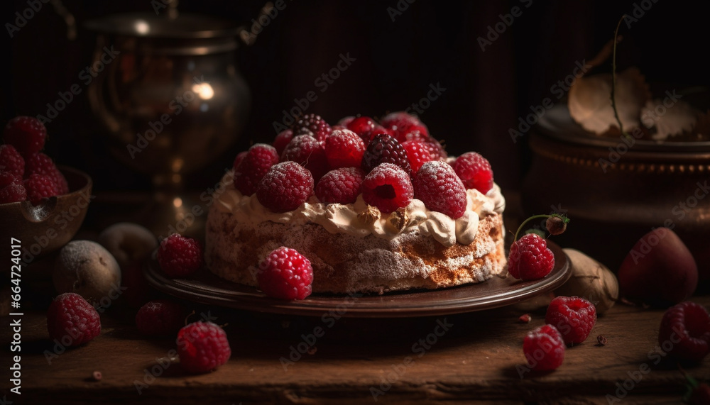 Raspberry dessert, gourmet indulgence, fresh berry on rustic wooden table generated by AI