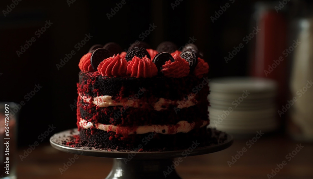 Indulgent homemade chocolate cake with fresh berries on wooden table generated by AI