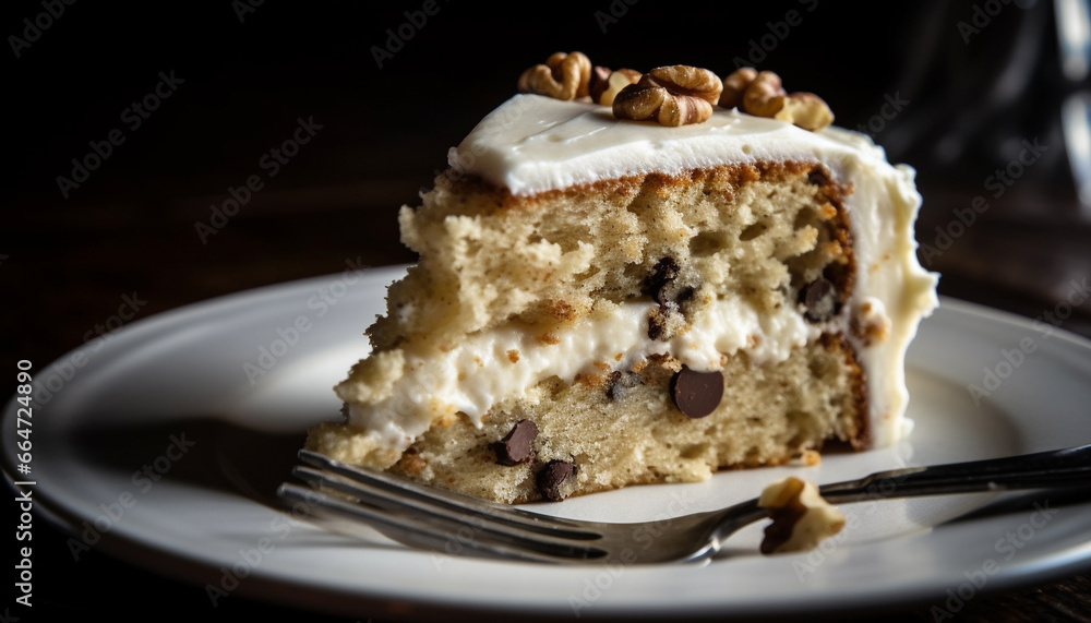 A slice of homemade chocolate cake with whipped cream and fruit generated by AI