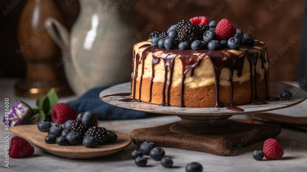 Freshness and indulgence on a rustic table, homemade berry cheesecake generated by AI