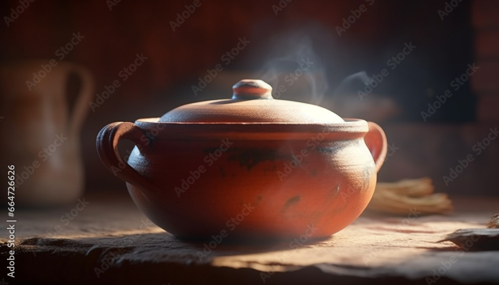 Rustic terracotta vase holds old fashioned earthenware bowl in antique kitchen generated by AI