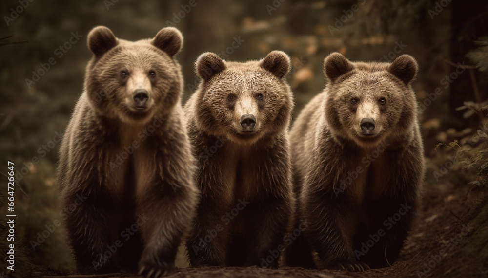 Cute bear cub standing in forest, looking at camera generated by AI