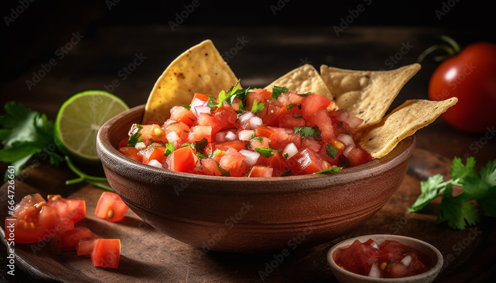 Freshness and spice in a bowl of Mexican guacamole dip generated by AI