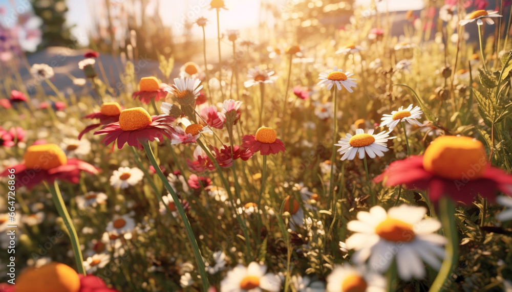 Vibrant chamomile blossom in a tranquil meadow, capturing nature beauty generated by AI