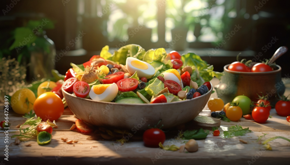 Freshness and nature on a wooden table, healthy vegetarian salad generated by AI