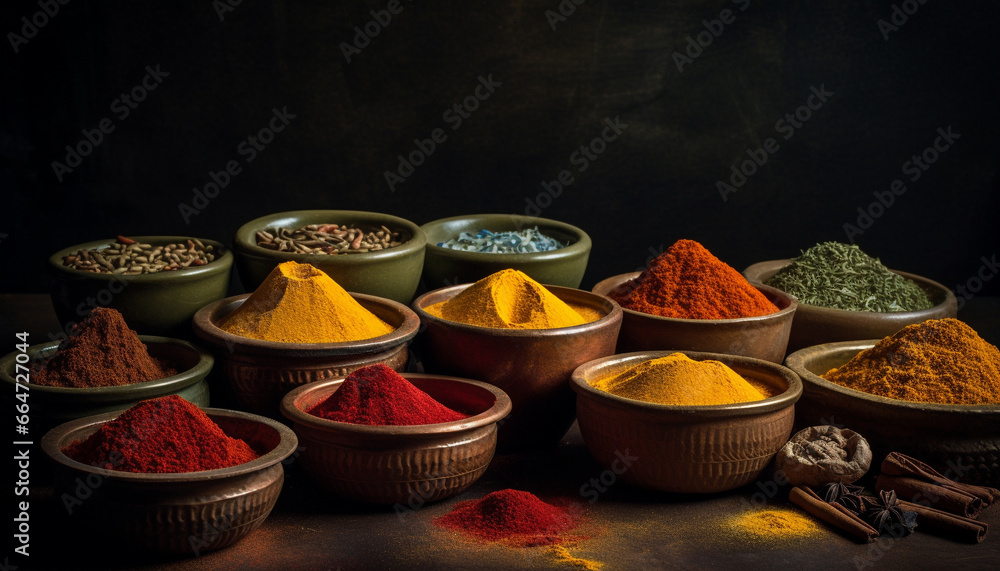 Aromatic spices, vibrant colors, culinary art, Indian culture in bowl generated by AI