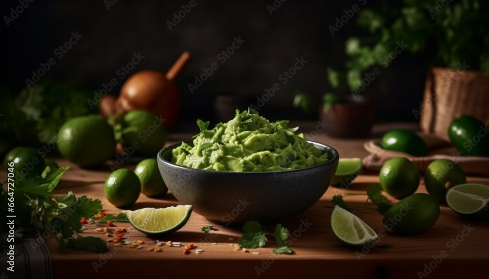 Freshness and organic avocado, lime, and cilantro make delicious guacamole generated by AI