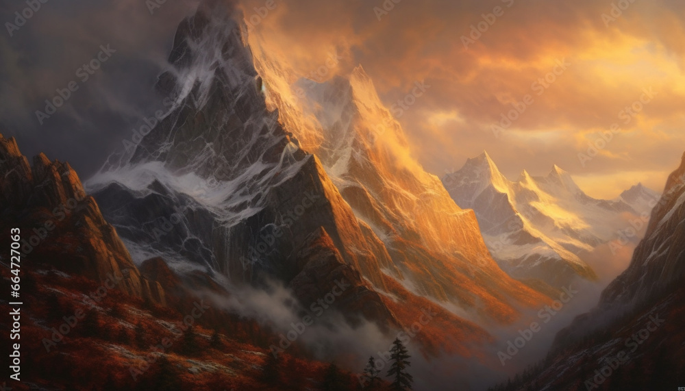 Majestic mountain peak, snow capped, sunset paints nature panoramic beauty generated by AI