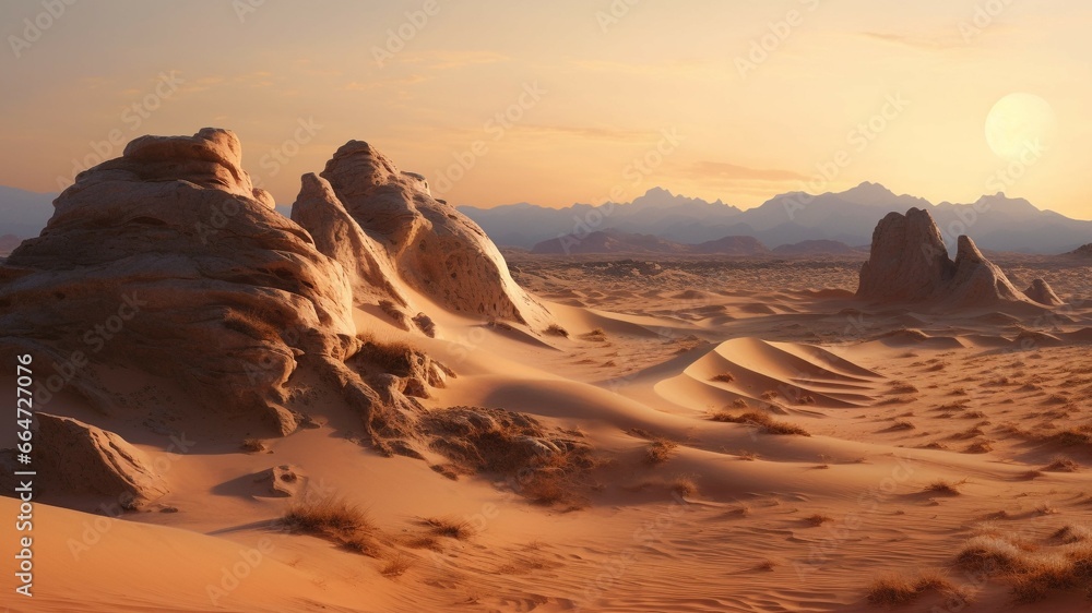 Sand dune, sunset, mountain, travel, adventure, Africa, beauty in nature, arid climate, heat, sunlight generated by AI