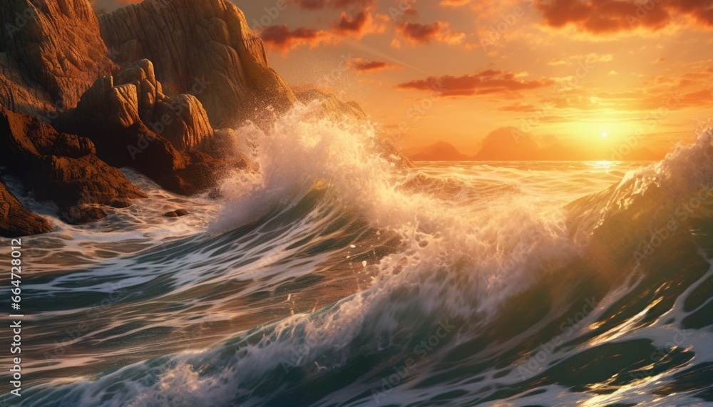 Sunset over the coastline, waves crashing, nature beauty in motion generated by AI