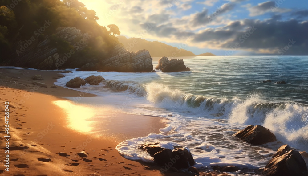 Sunset over the coastline, waves crashing on rocks, nature beauty generated by AI