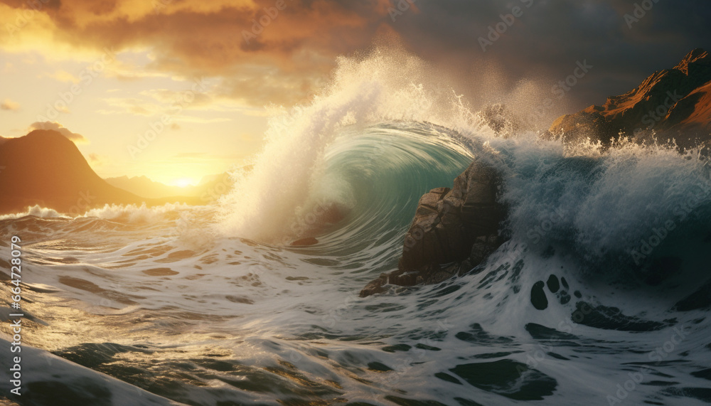 Sunset over the coastline, waves crashing, nature beauty in motion generated by AI