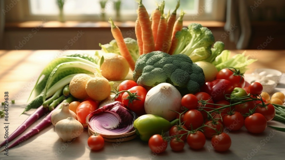 Freshness of organic vegetables on wooden table, healthy eating variation generated by AI