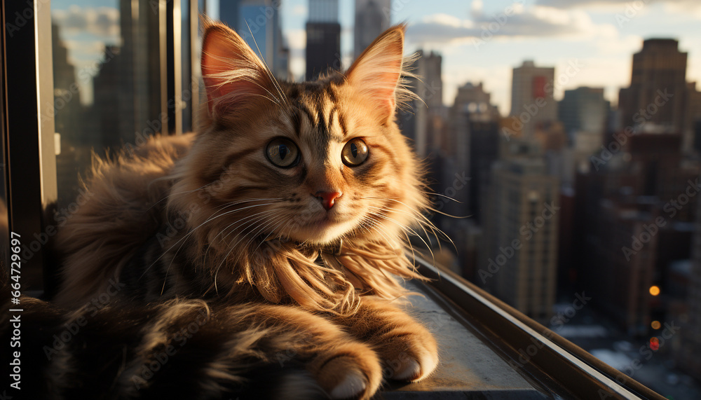 Cute kitten sitting by the window, staring at cityscape at night generated by AI