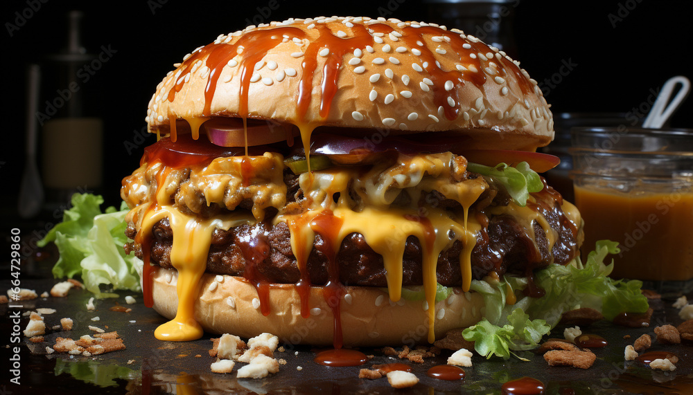 Grilled beef burger with cheese, tomato, onion, and French fries generated by AI