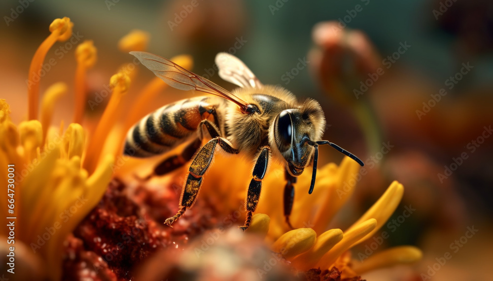 Busy honey bee collecting pollen from a beautiful flower in springtime generated by AI