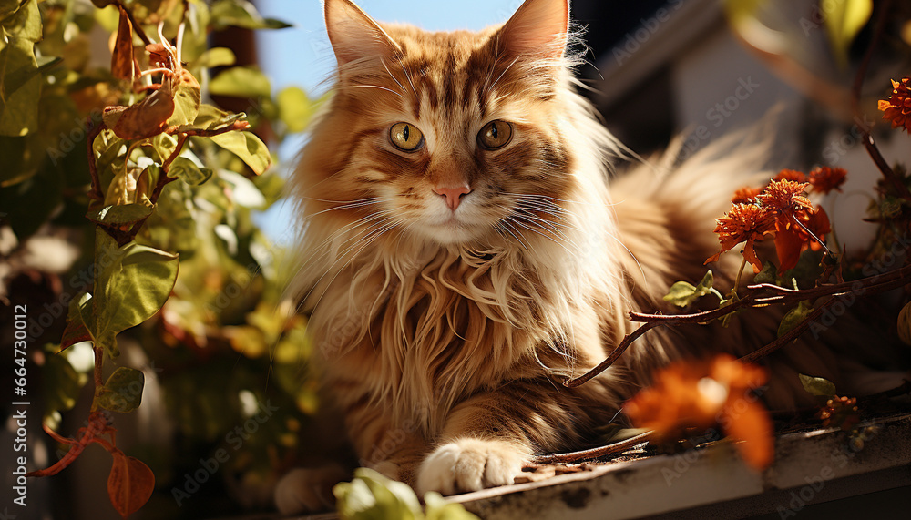 A cute kitten sitting in the grass, looking at the camera generated by AI