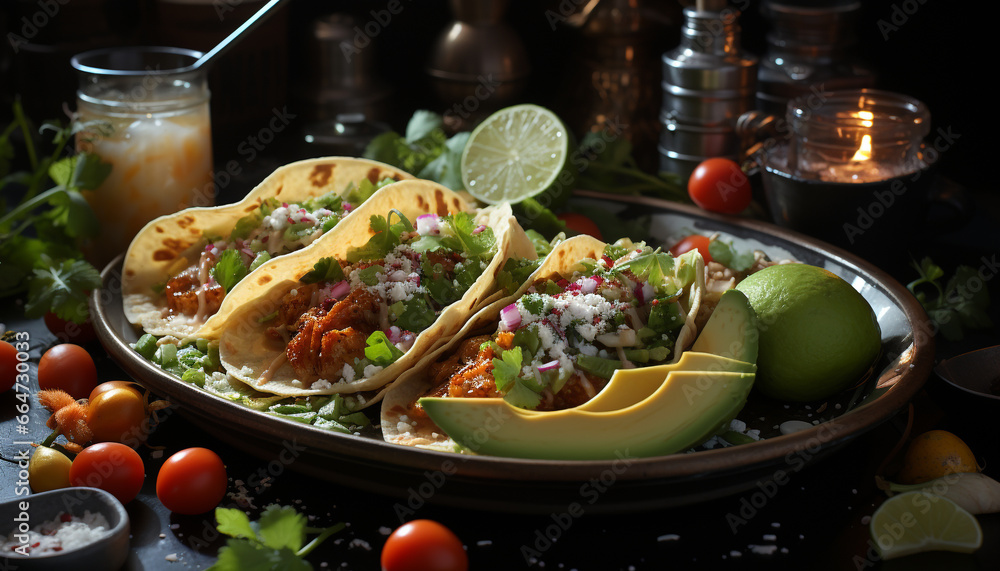 Grilled beef taco with fresh tomato, guacamole, and cilantro generated by AI