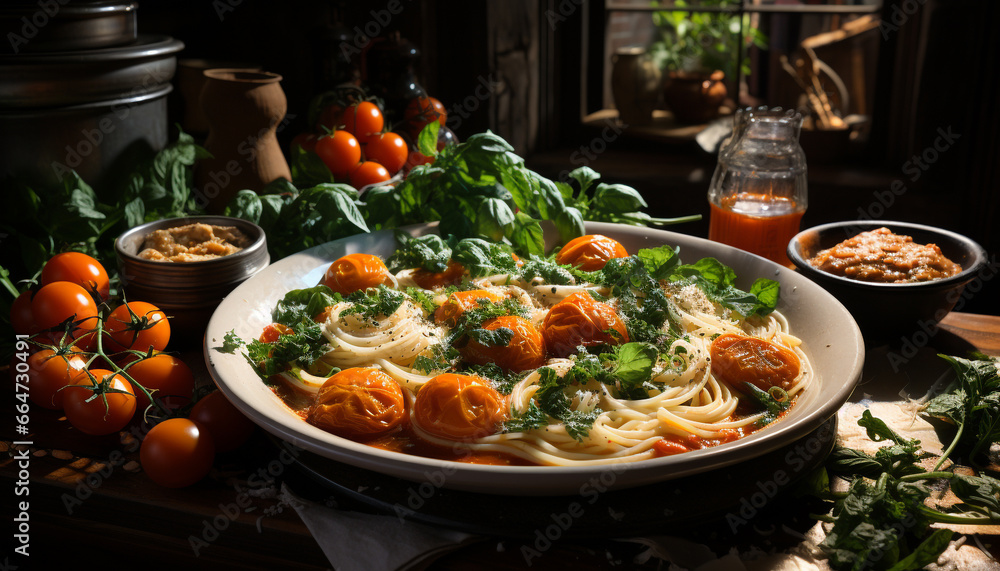 Freshness on plate  healthy, homemade, vegetarian food, cooked pasta, rustic salad generated by AI