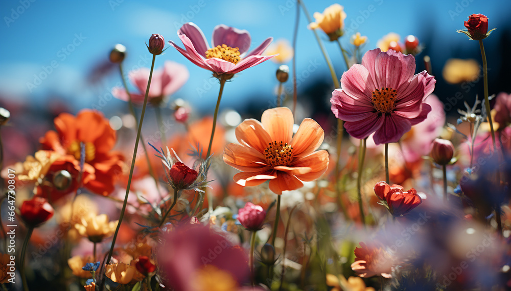 Nature beauty in a meadow  vibrant flowers, fresh grass, colorful petals generated by AI