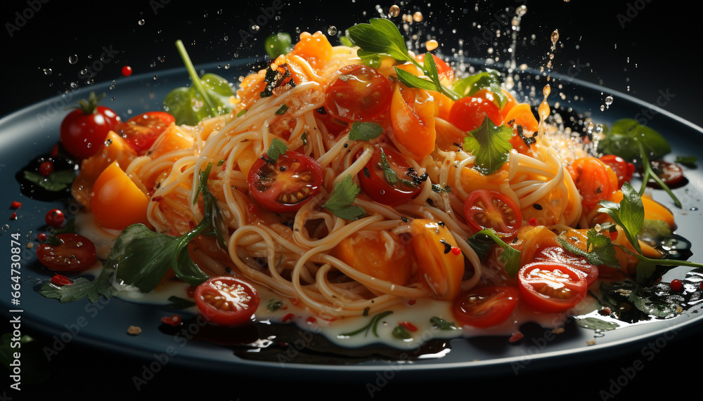 Freshness on a plate  gourmet pasta, healthy tomato, cooked vegetarian meal generated by AI