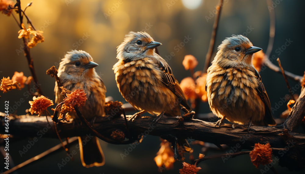 Small bird perching on a branch, watching nature beauty generated by AI