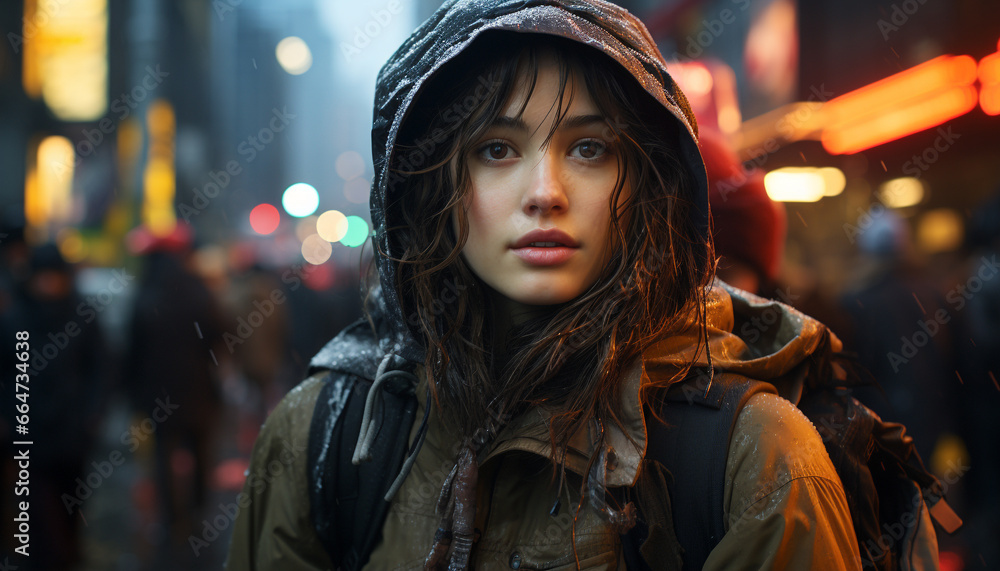 Young women walking in the rain, looking at camera, smiling generated by AI