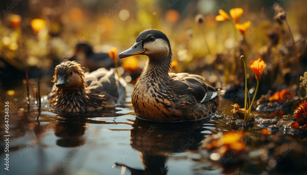 Nature beauty reflected in the tranquil pond, ducks in focus generated by AI