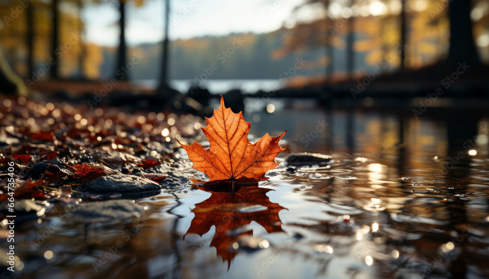 Autumn leaf reflects vibrant colors in tranquil forest pond scene generated by AI