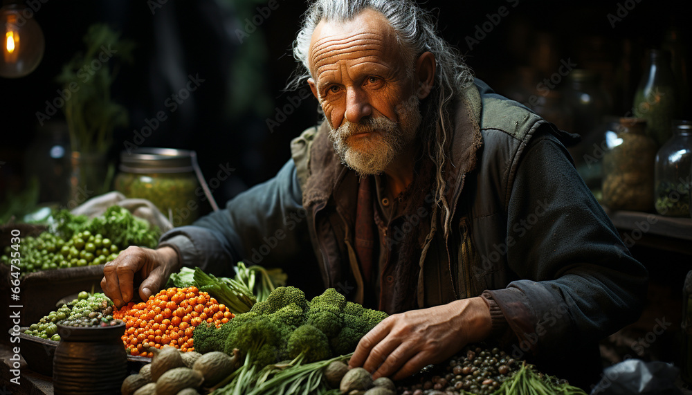 Senior man with gray hair holding a basket of fresh vegetables generated by AI