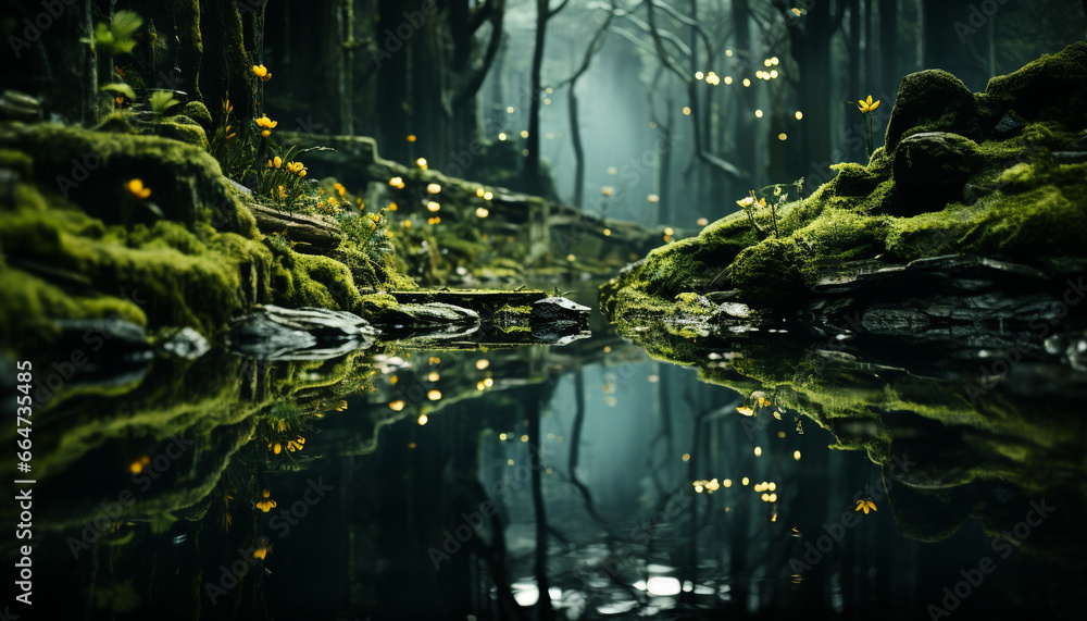 Tranquil scene  nature beauty reflected in a mysterious pond generated by AI