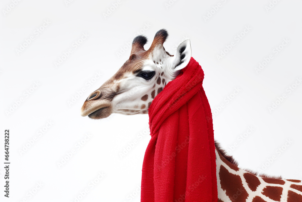 Giraffe wearing winter scarf on a solid background