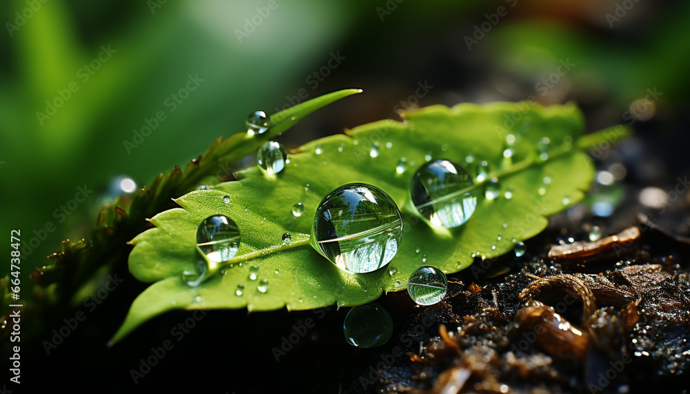 Fresh green leaves glisten with dew, nature vibrant new life generated by AI