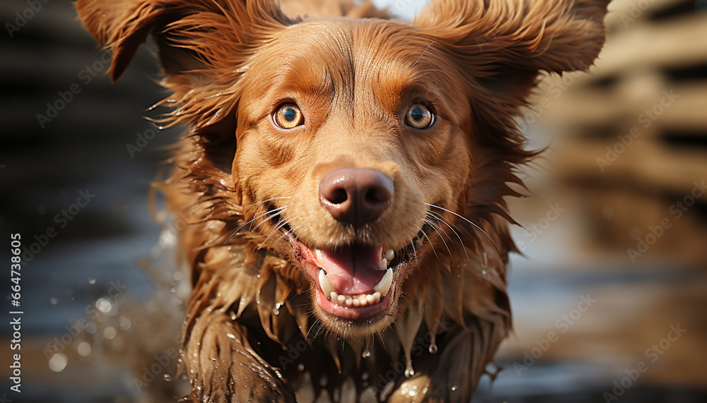 Cute puppy playing in water, looking at camera, cheerful and wet generated by AI