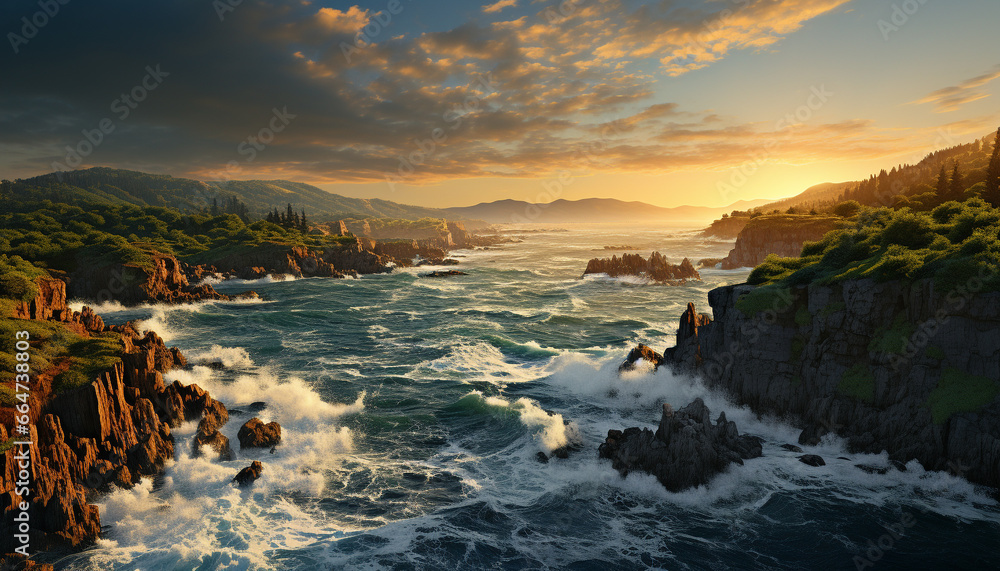 Majestic sunset paints tranquil sky, waves crash on rocky coastline generated by AI