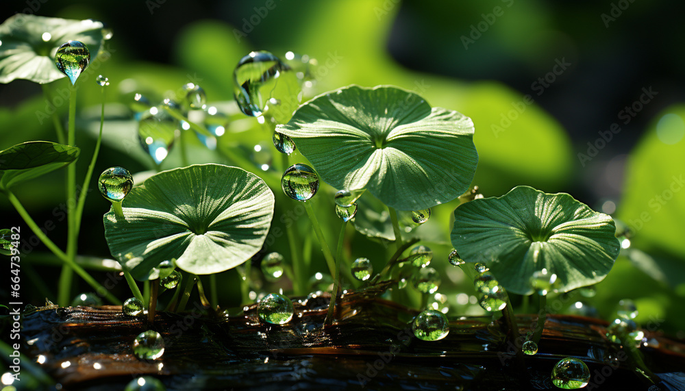 Green leaf, fresh plant, beauty in nature, wet grass growth generated by AI