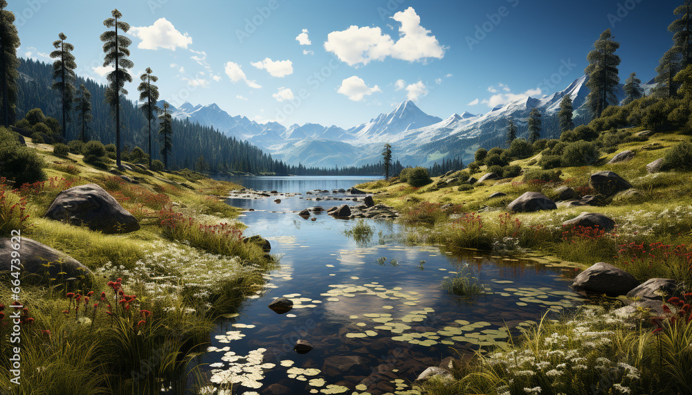 Tranquil scene of majestic mountain range reflected in peaceful pond generated by AI