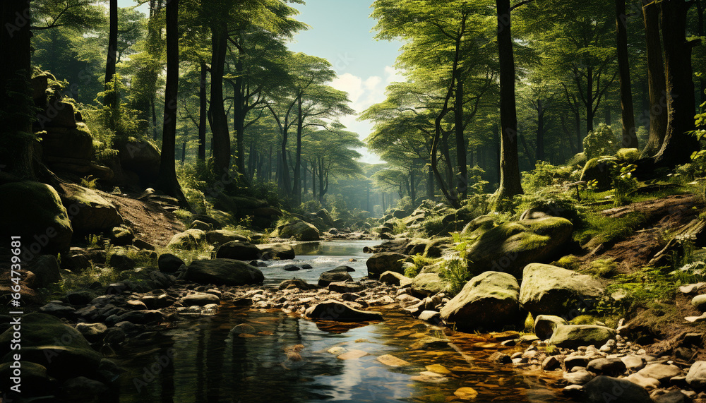 Tranquil scene  nature beauty, green forest, flowing water, mountain adventure generated by AI