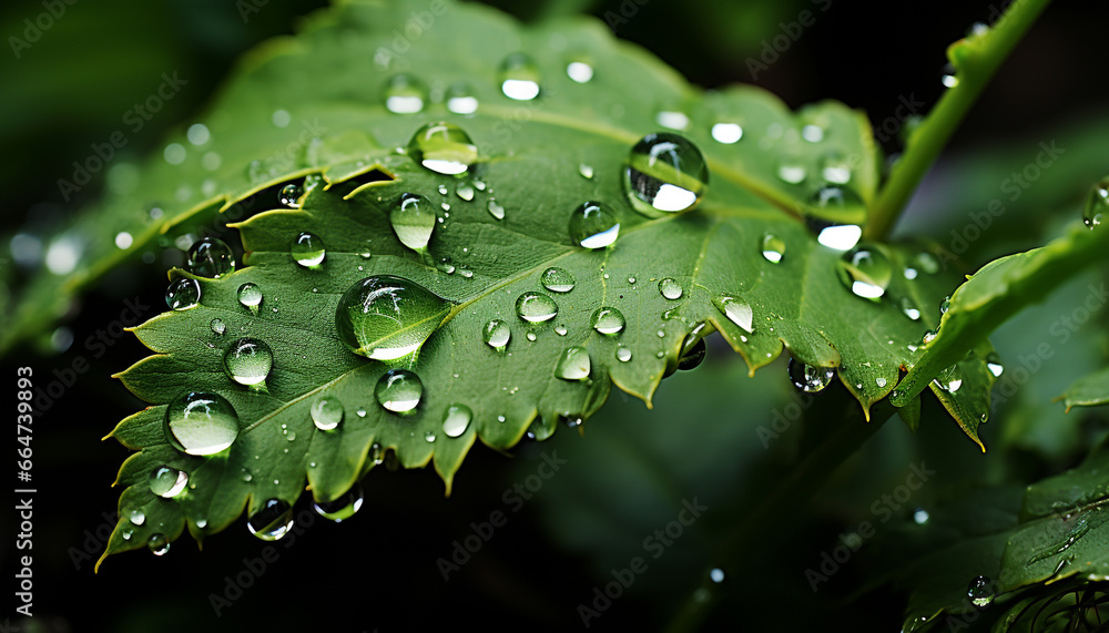 Fresh green leaf with dewdrop, symbolizing growth and nature beauty generated by AI