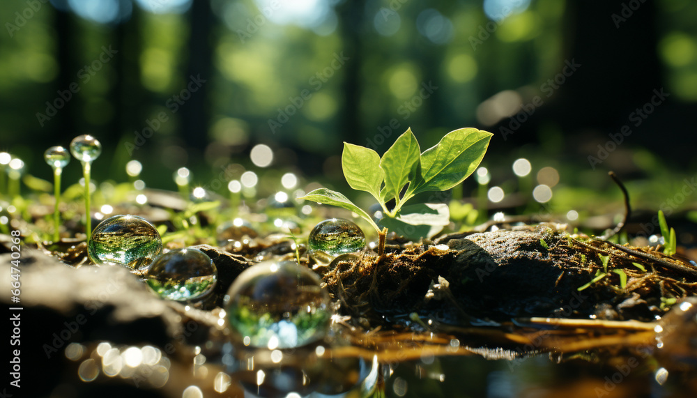 Fresh green leaves reflect sunlight, nature beauty in a drop generated by AI