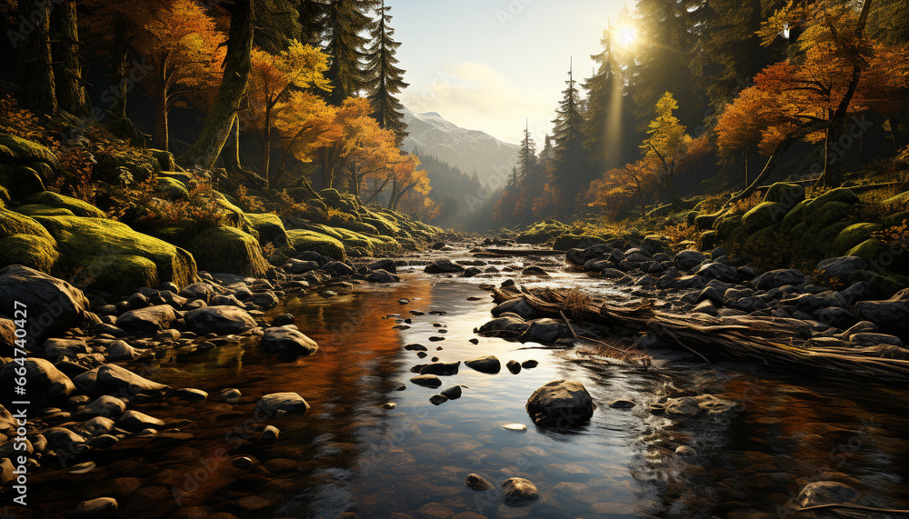 Tranquil scene  autumn forest, mountain reflection, vibrant colors, flowing water generated by AI